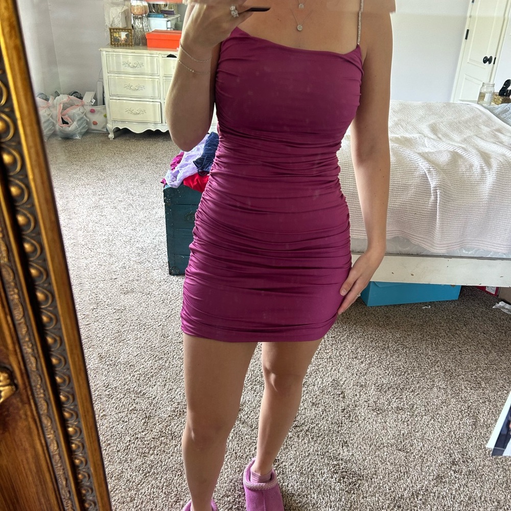 Lucy in the Sky Magenta Ruched Spaghetti Strap Mini Dress
